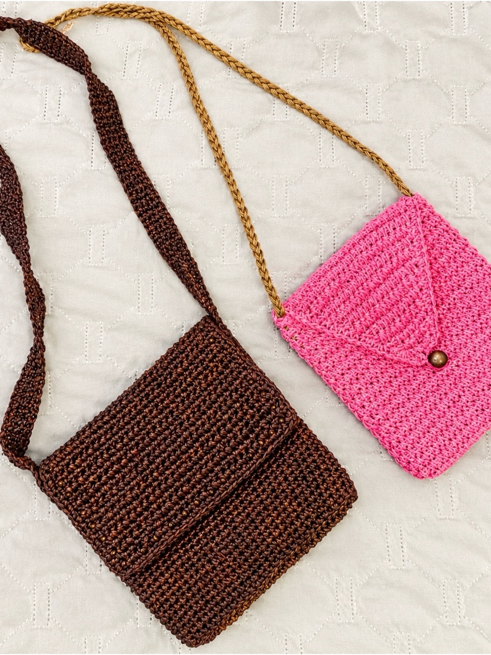 Vintage-Style Woven Straw/Crochet Shoulder Bags – Brown & Pink